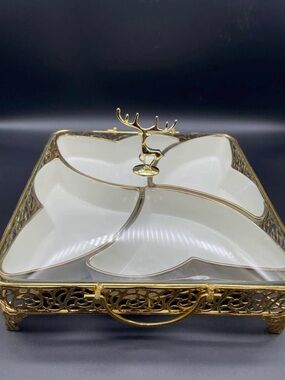Gold & White Four-Section Serving Tray with Deer Handle